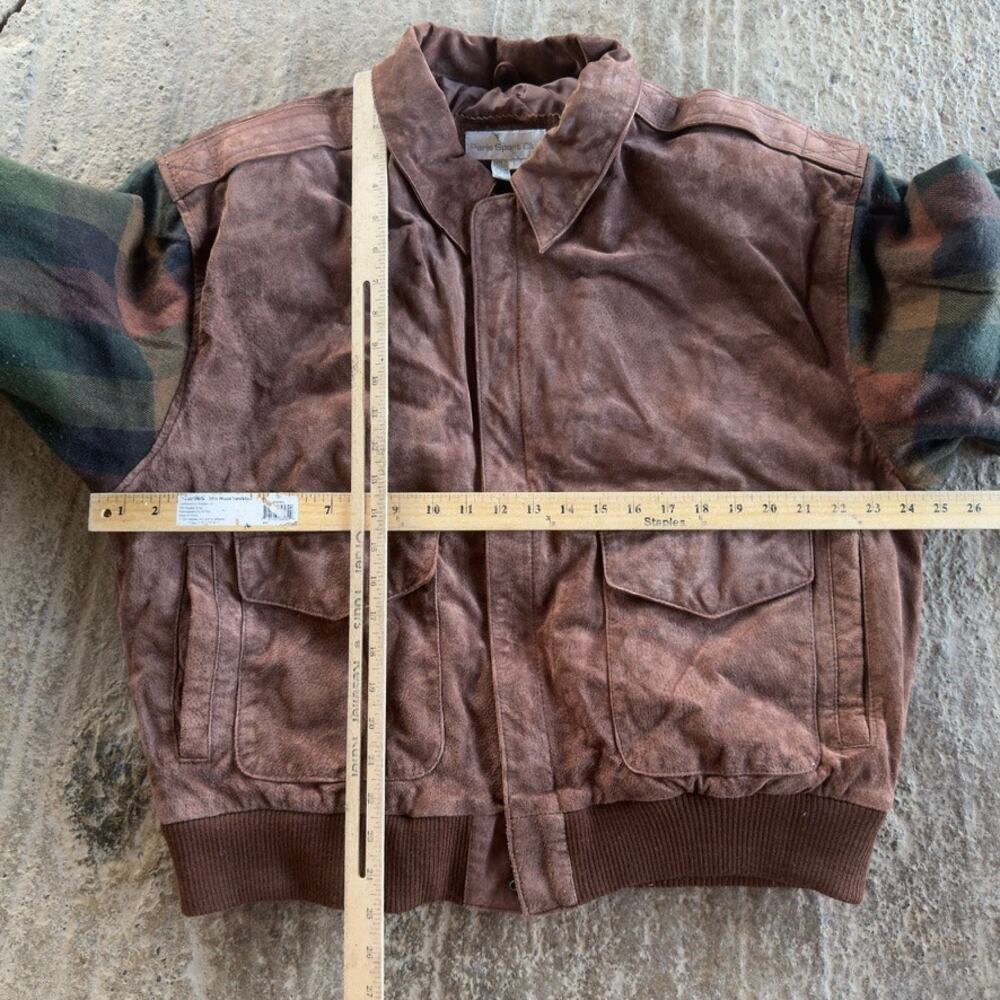 VINTAGE 90S BROWN SUEDE LEATHER BOMBER JACKET PLAID SLEEVES UNQIUE MENS LARGE - Picture 5 of 5